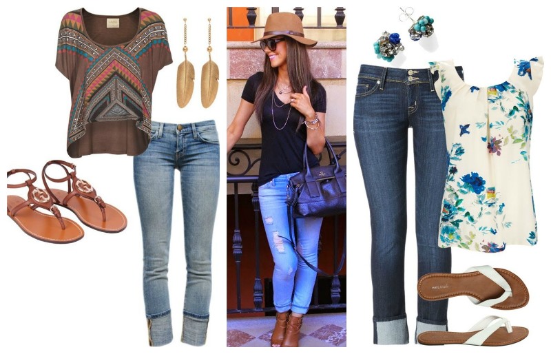 Image Source from Left to Right: Patterned Tee and Jeans, Black Tee & Jeans, Floral Top & Jeans