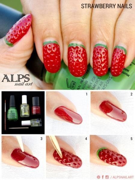 Image Source and tutorial for Strawberry Nail Design