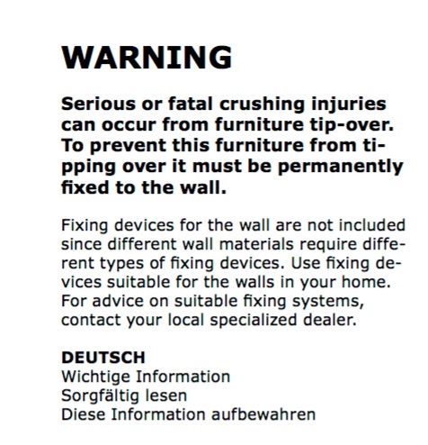 Warning as it appears on the MALM assembly instructions.
